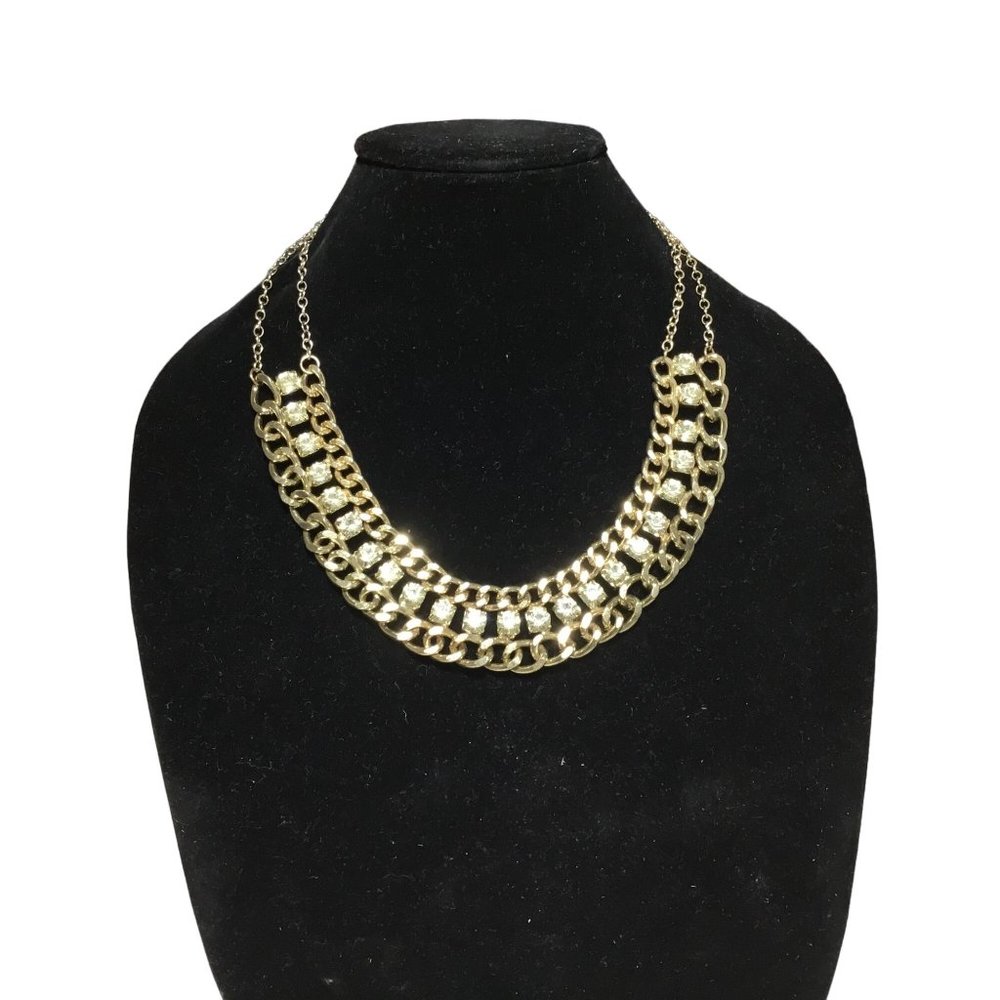 Art Deco Style Gold Tone Chunky Curb Chain Glass Rhinestones Statement Necklace